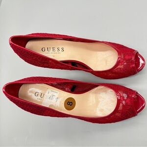 👉 Guess Red Lace Peep Toe Heels Women’s Size 8